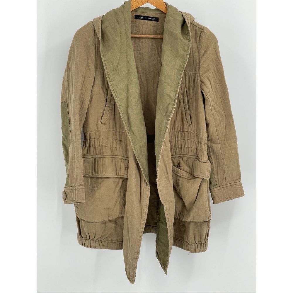 Zara Women Jacket Women XS Khaki Tan Gauze Long Hooded‎ Open Front Cinch Waist